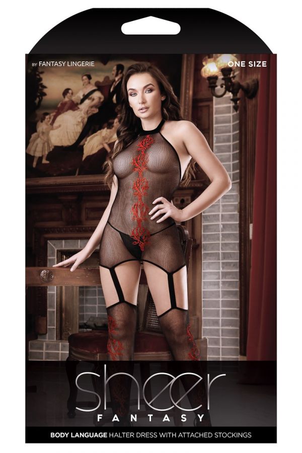 FASF955 - Red Floral Garter Dress & hosiery